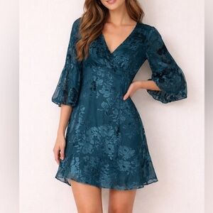 Teal Floral V-Neck A-Line Dress